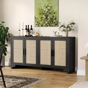 Mobile credenza a buffet in rattan da 62 pollici, armadietto da cucina a 4 ante con ripiani