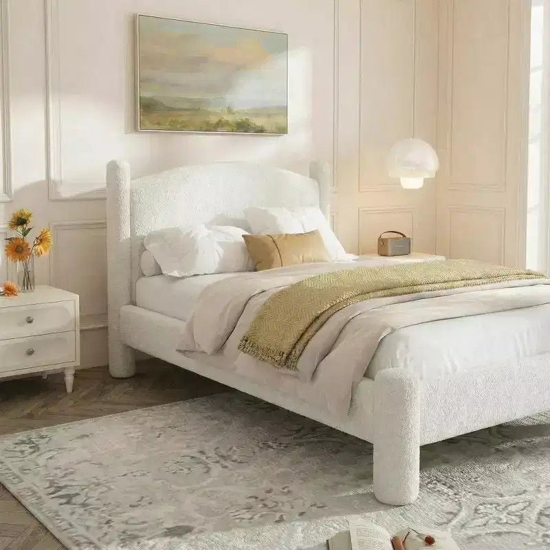 Struttura Letto King Size, Struttura Letto in Bouclé con Testiera, Struttura Letto a Piattaforma Morbida Imbottita con Angoli Arrotondati, Nessuna Molla Richiesta, Facile Montaggio - immagine 4